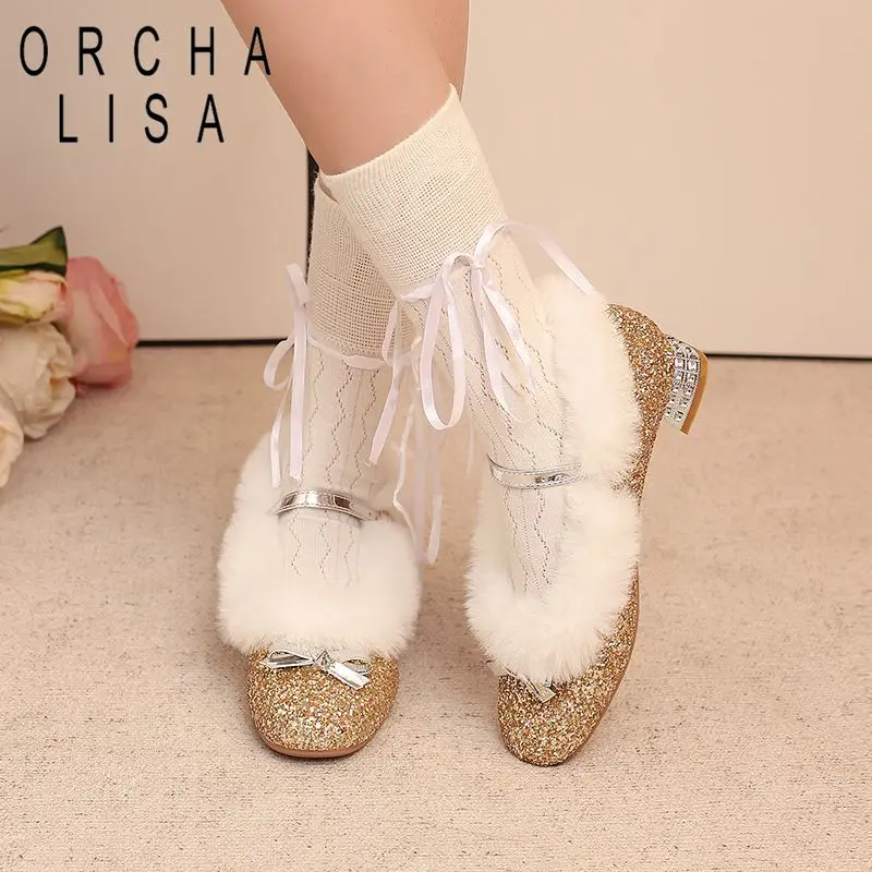 

ORCHA LISA модные милые женские туфли на плоской подошве с круглым носком и пряжкой на ремешке с бантом и кристаллами, теплые плюшевые модельные туфли большого размера 41 42 43 осень