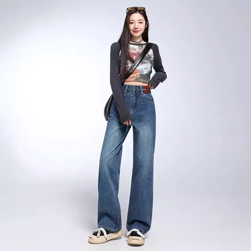 High Waist Wide Leg Blue Jeans Women Loose Fit Cover Hip Straight Cut Long Pants Spring 2025 New Arrival Retro Style