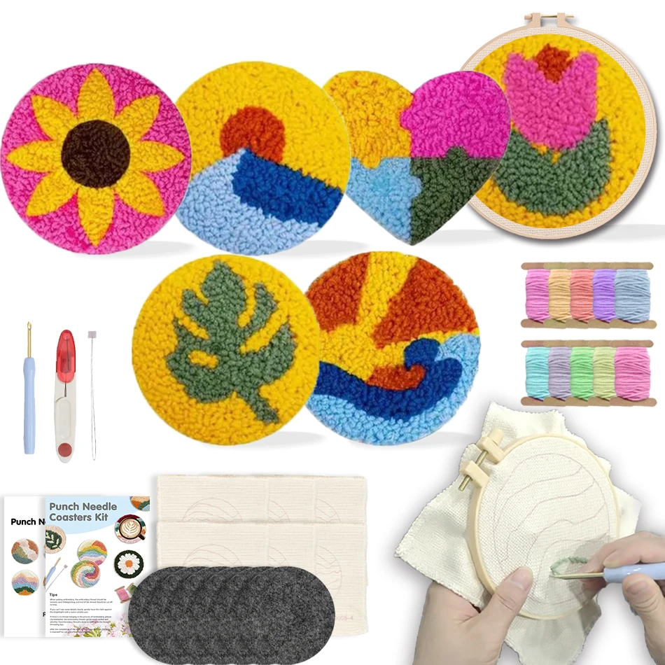 

Punch Needle Coaster Kit for Adults Beginners 6Pcs Plants Flower Tufting Coaster Starter Kit Easy Embroidery Stitch Craft Set