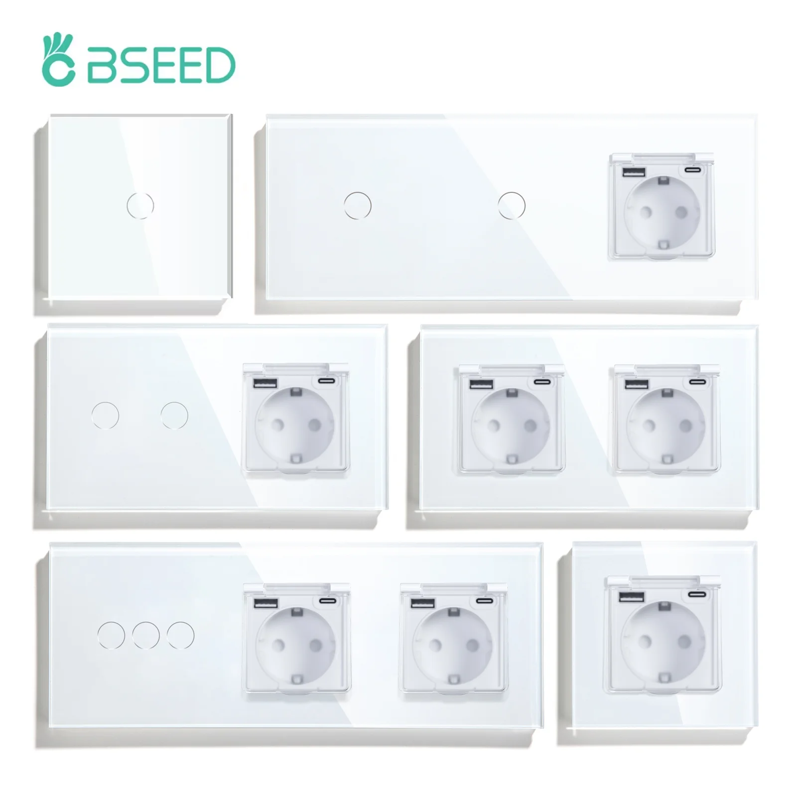 BSEED  1/2/3Gang Touch Light Switch 1Way EU Type-c USB Sockets With Waterproof Cover For Bathroom Outdoor Glass Panel White