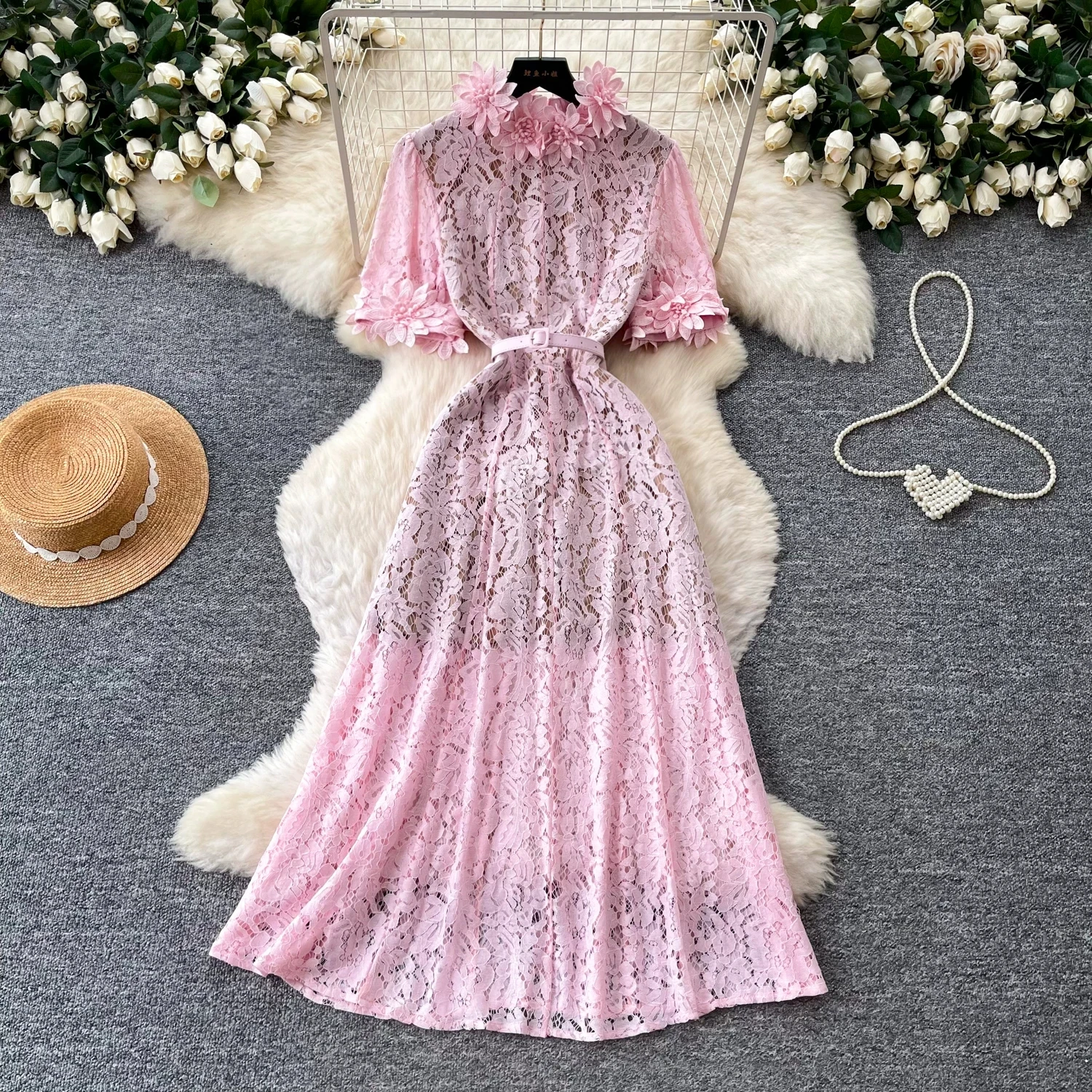 

French Elegant Embroidery Hollow Out 3D Cut Flower Lapel Short Sleeve High Waist Slim Fit A-Line Belt Long Dress Women