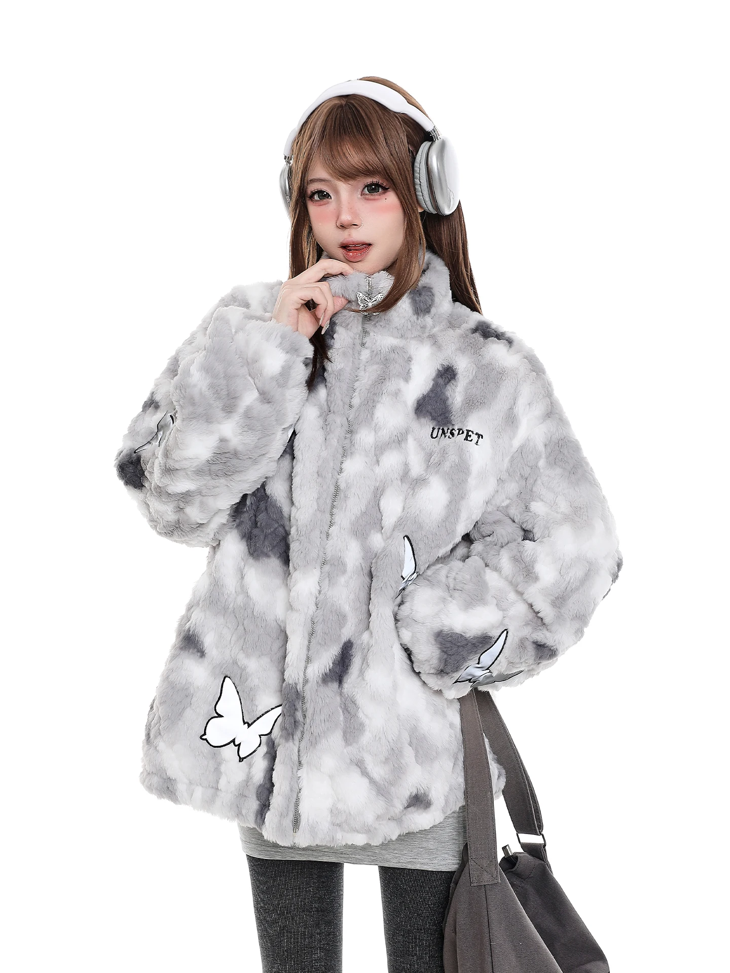 

American Sle Tie Dye Lamb Fur Cotton Jaet Women's Winter Thi Warm Coat Sweet Loose Fit Long Sve Zipper