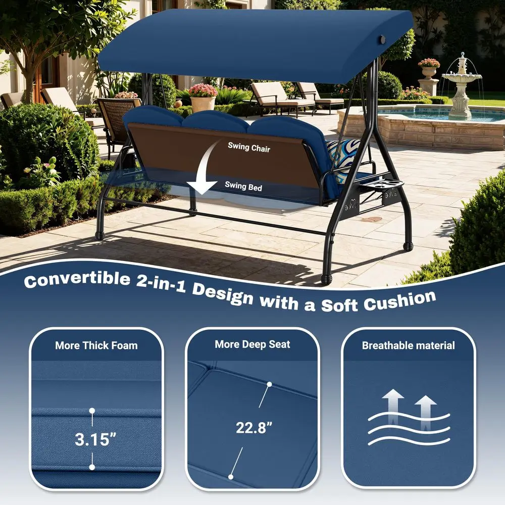 Swing with Adjustable Canopy 3Seat Outdoor Porch Swing with Stand for Adults 2in1 Convertible Swing Bed Chair with Cushions amp