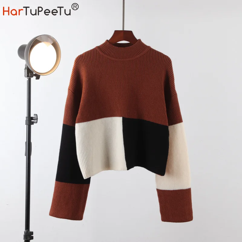 Autumn Winter 2022 Female Short Pullover Loose Colours Block Plaid Mock Neck Streetwear Women Knitted Sweater Retro Crop Tops