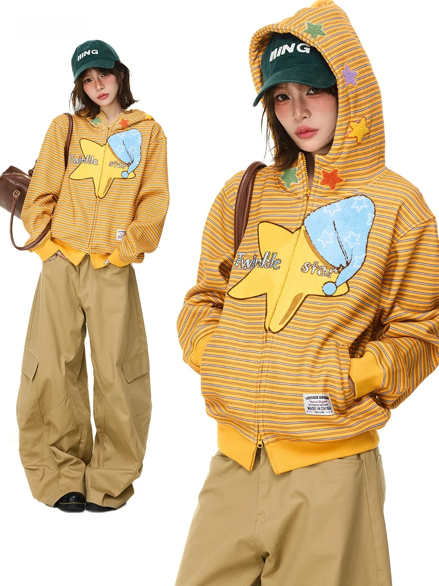 

Женская толстовка Sanowers Fun Star Stripe с капюшоном, свободного кроя, на флисовой подкладке, с длинными рукавами, на молнии