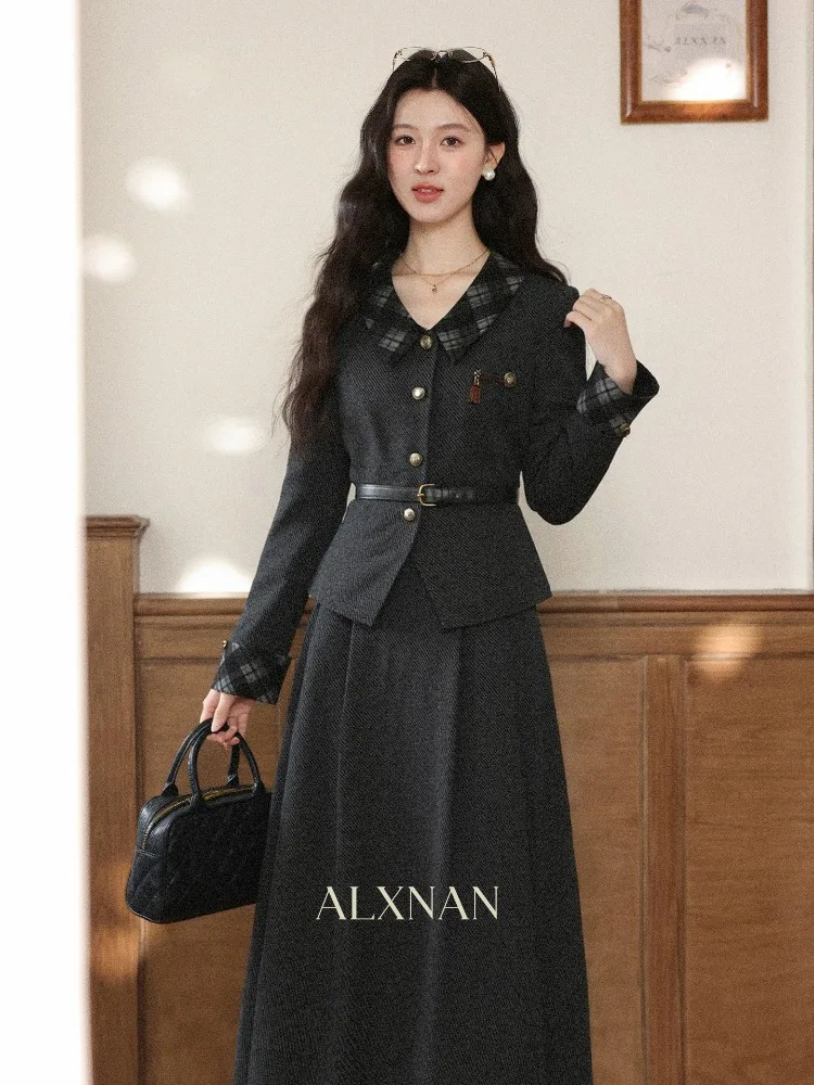 

ALXNAN женская серая короткая куртка в клетку с воротником-стойкой, модные куртки, элегантная офисная верхняя одежда, повседневная женская одежда DYL662177