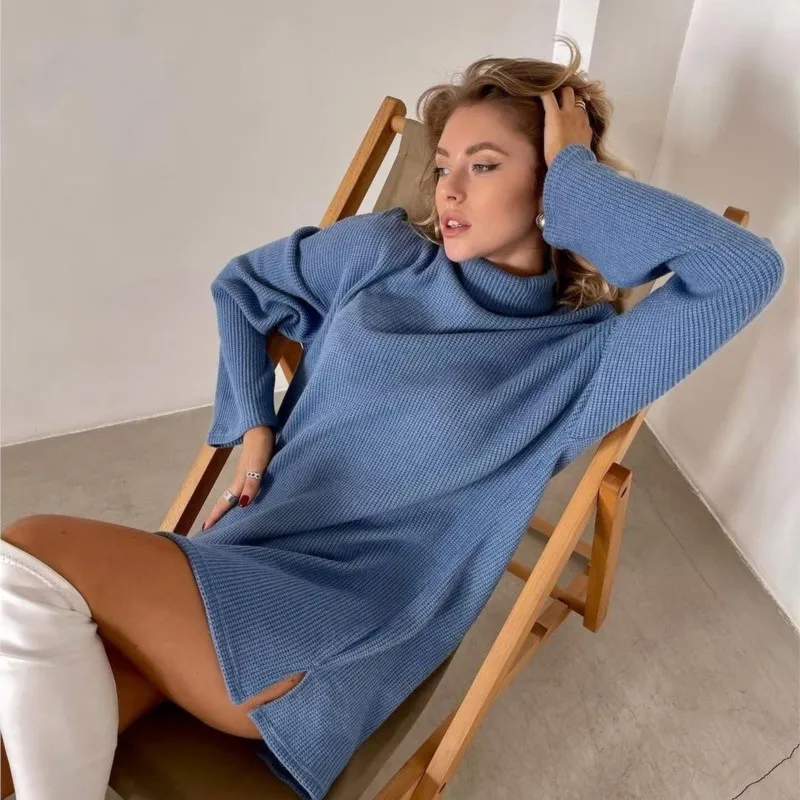 

2025 Sexy Split Loose Knitted Hoodie Solid Color Half High Collar Long Sleeve Autumn/Winter Sweaters Dress Light Luxury