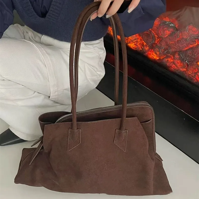 

Designer Casual Winter Matte Coffee Camel Grey Large Tote Suede Leather Women Handbag Nubuck Commuter Office Shoulder Bag