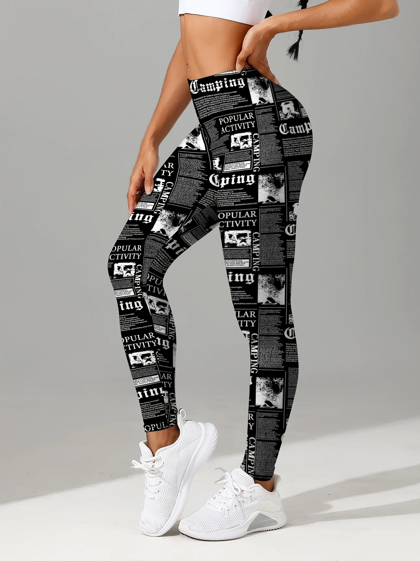 Women Mid‑Waist Fleece Lined Ankle Length Leggings Newspaper Letter Print Stretch Slim Warm Elastic Casual Daily Pants