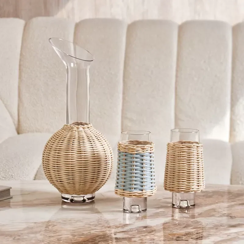 Modern home decor natural rattan kettle set for living room tabletops or as a unique home accessory