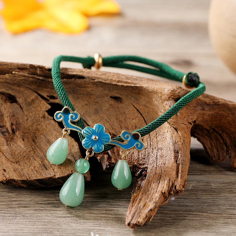 Handmade Artisanal Vintage Crystal Aventurine Anklet Cloisonné Shell Accent Bohemian Style Adjustable Foot Jewelry for Women