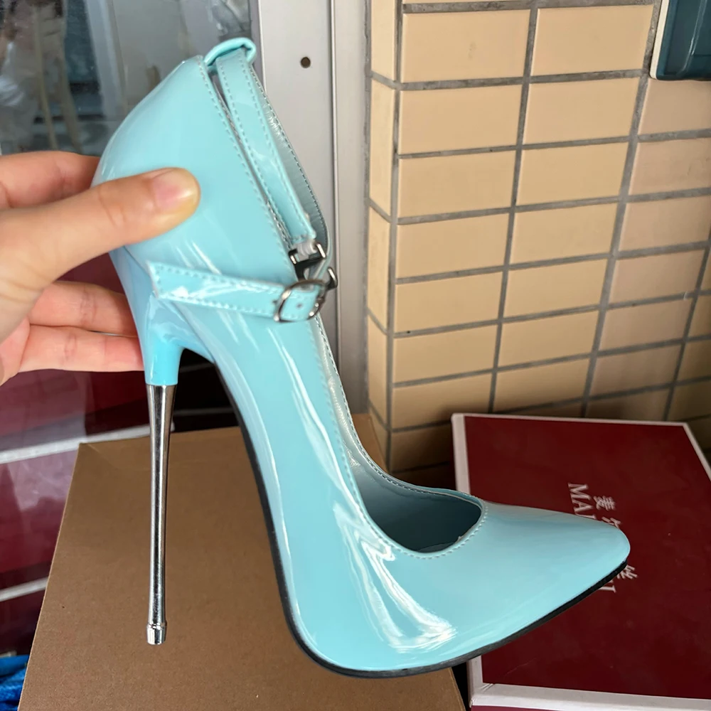 16cm Extreme High Heels Solid Stilettos Sexy Women Sky blue Pumps Fetish Ankle Strap Model Unisex Shoes Crossdresser Big Size46