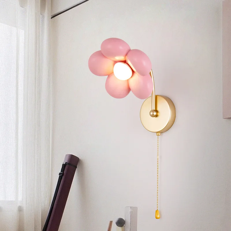 Cartoon Floral Wall Lamp Pink Petal Design Round Golden Backplate Pull Cord Accent Lighting Girls Room Playroom Corridor