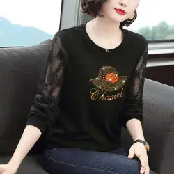 2024 New Spring Autumn Women Fashion Commute Spliced Lace Hollow Out Long Sleeve Round Neck Printed Diamonds Loose T-shirts Tops