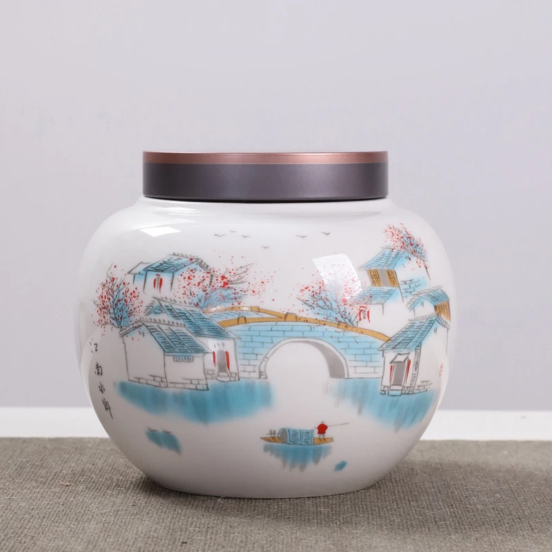 Celadon Tea Pot Landscape Flower Ceramic Storage Box Multi-functional Candy Nut Coffee Beans Grains Storage Tank Home Decoration