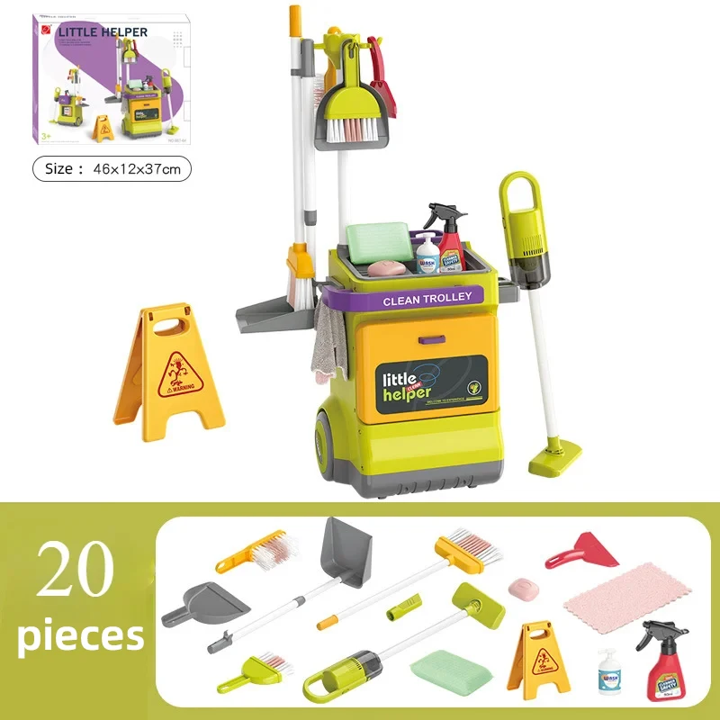 Juego de herramientas de fregona de limpieza de simulación, juguete desmontable, carrito de limpieza de casa con escoba al vacío, botella pulverizadora, juego educativo