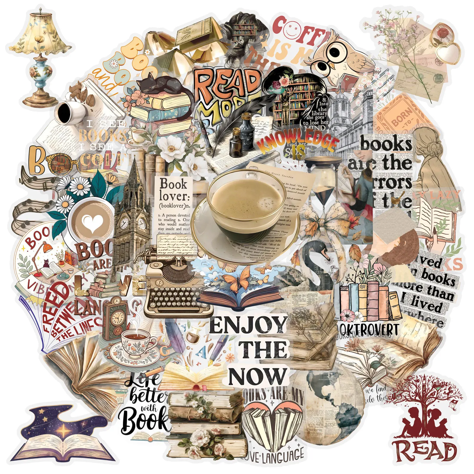 

50PCS Transparent Cartoon Book Reading Stickers Aesthetic Skateboard DIY Notebook Diary Luggage Retro Decoration Sticker Gifts