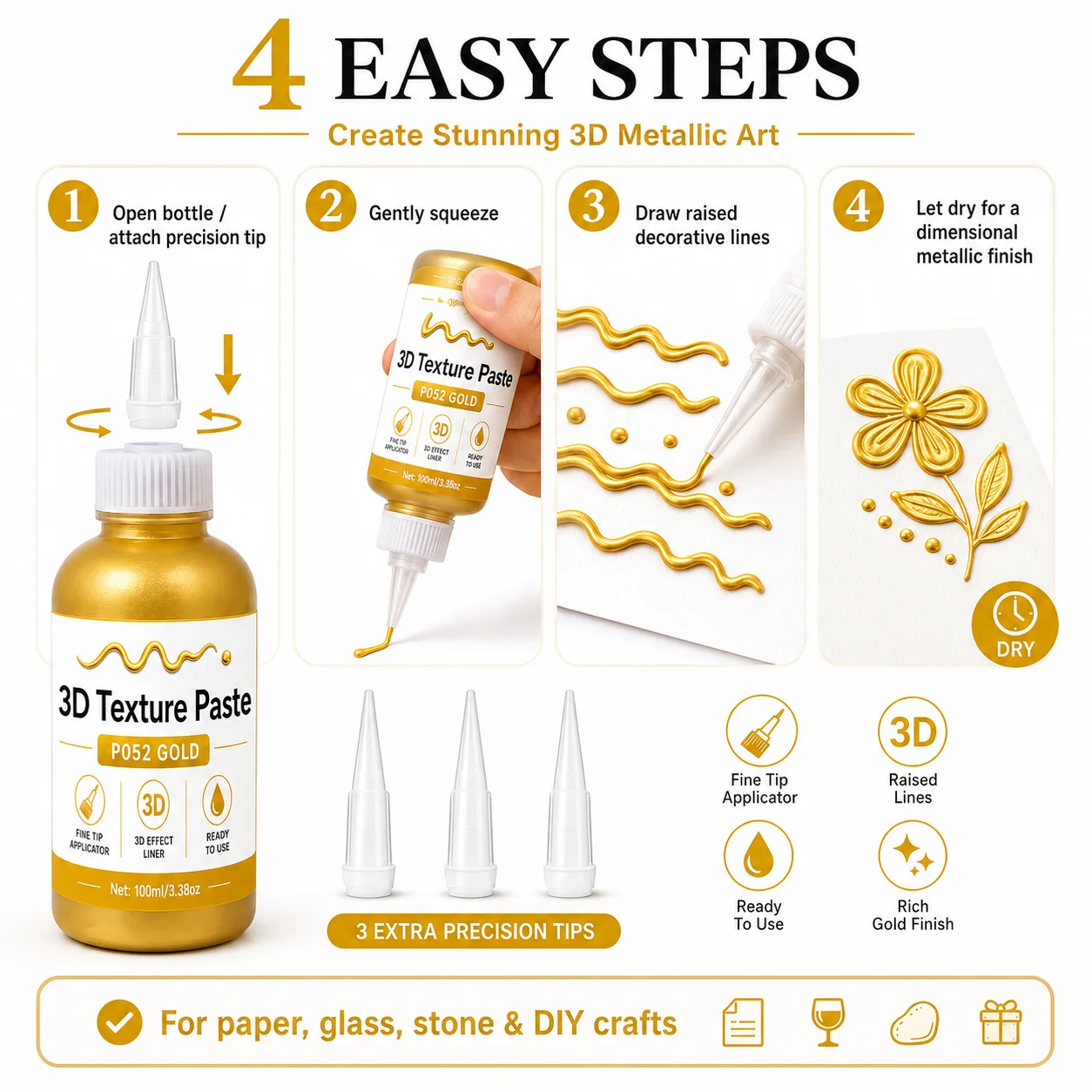 Golden 3D Texture Paste with Golden Foil. Ready-to-Use Squeeze Modeling Paste for Crafts, Painting, Wall Art – Ideal Artist Gift