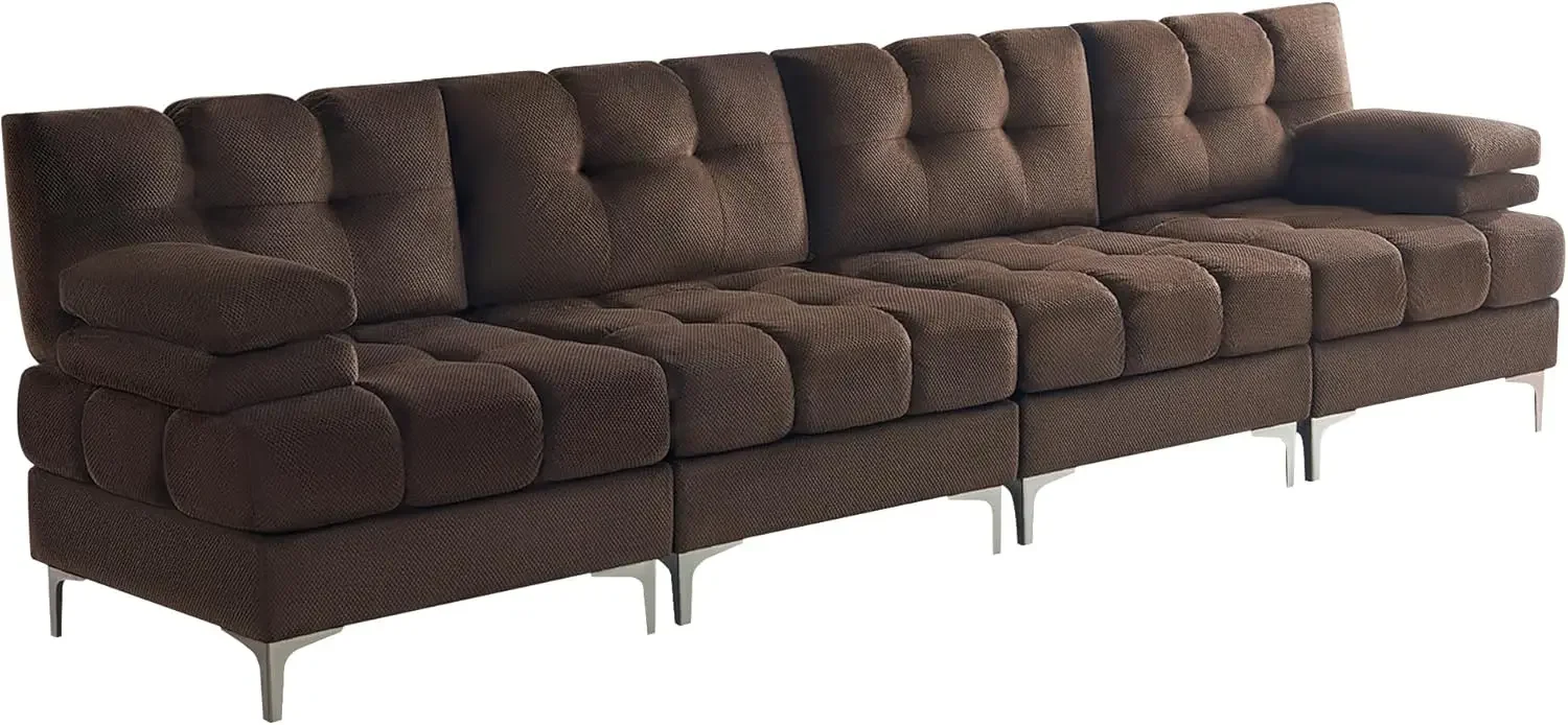 124 Inch Sectional Sofa, 4 Seater Modular Sectional Couch with Metal Legs, Modern Sofa Couch for Living Room, Dark Brown