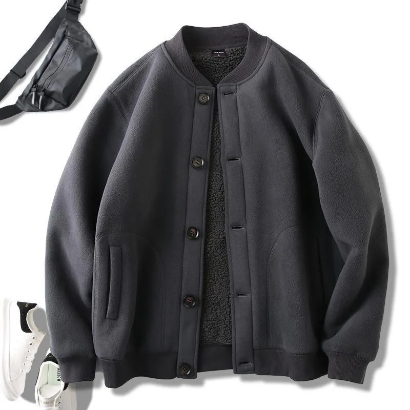 Men's Polar Fleece Coat Lambswool Baseball Collar Button Thermal Sweatshirts Bomber Jacket Windproof Outdoor Comfortable Jackets