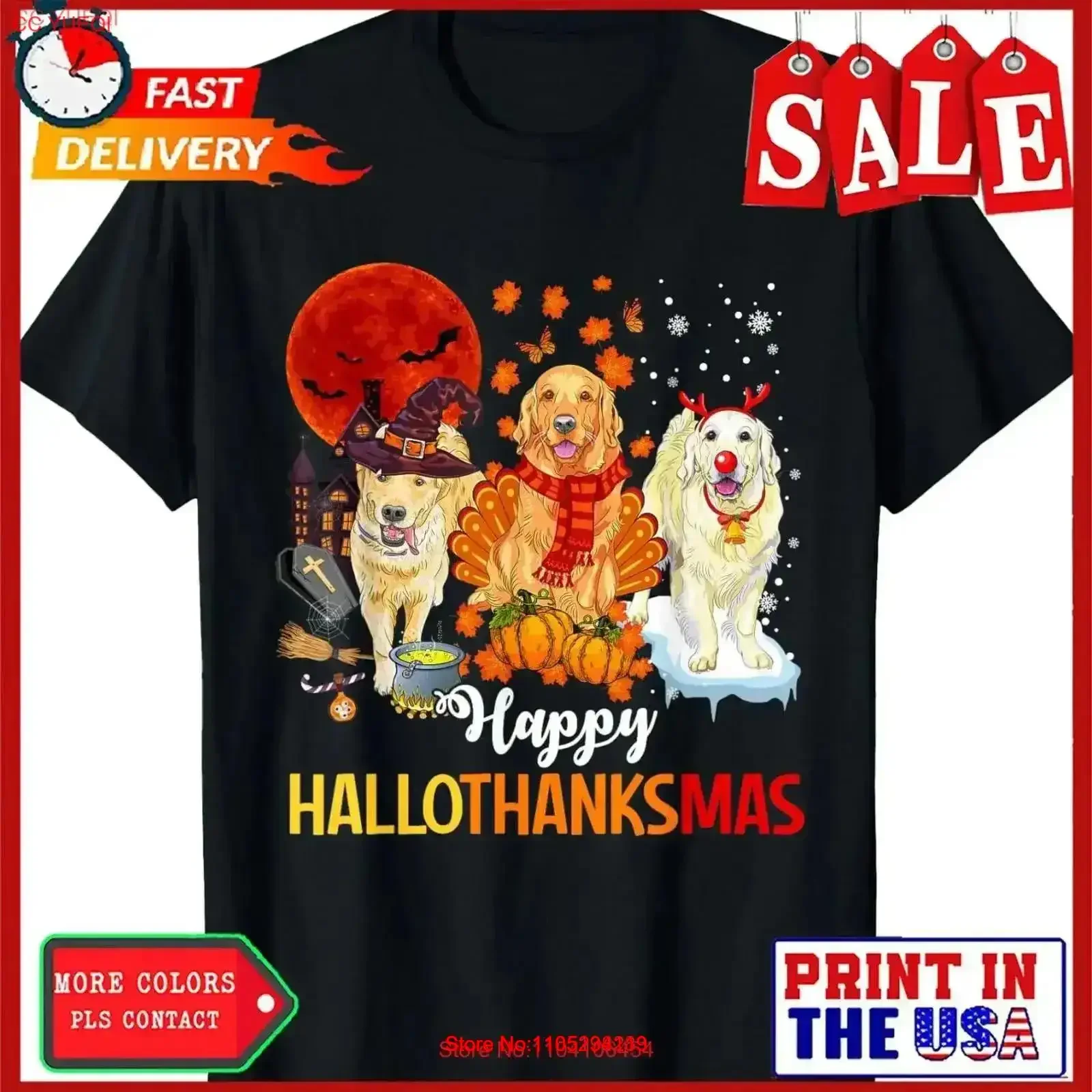

Golden Retriever Happy Hallothanksmas Halloween Thanksgiving T Shirt vintage Washed Versatile Top For Everyday Wear vintage