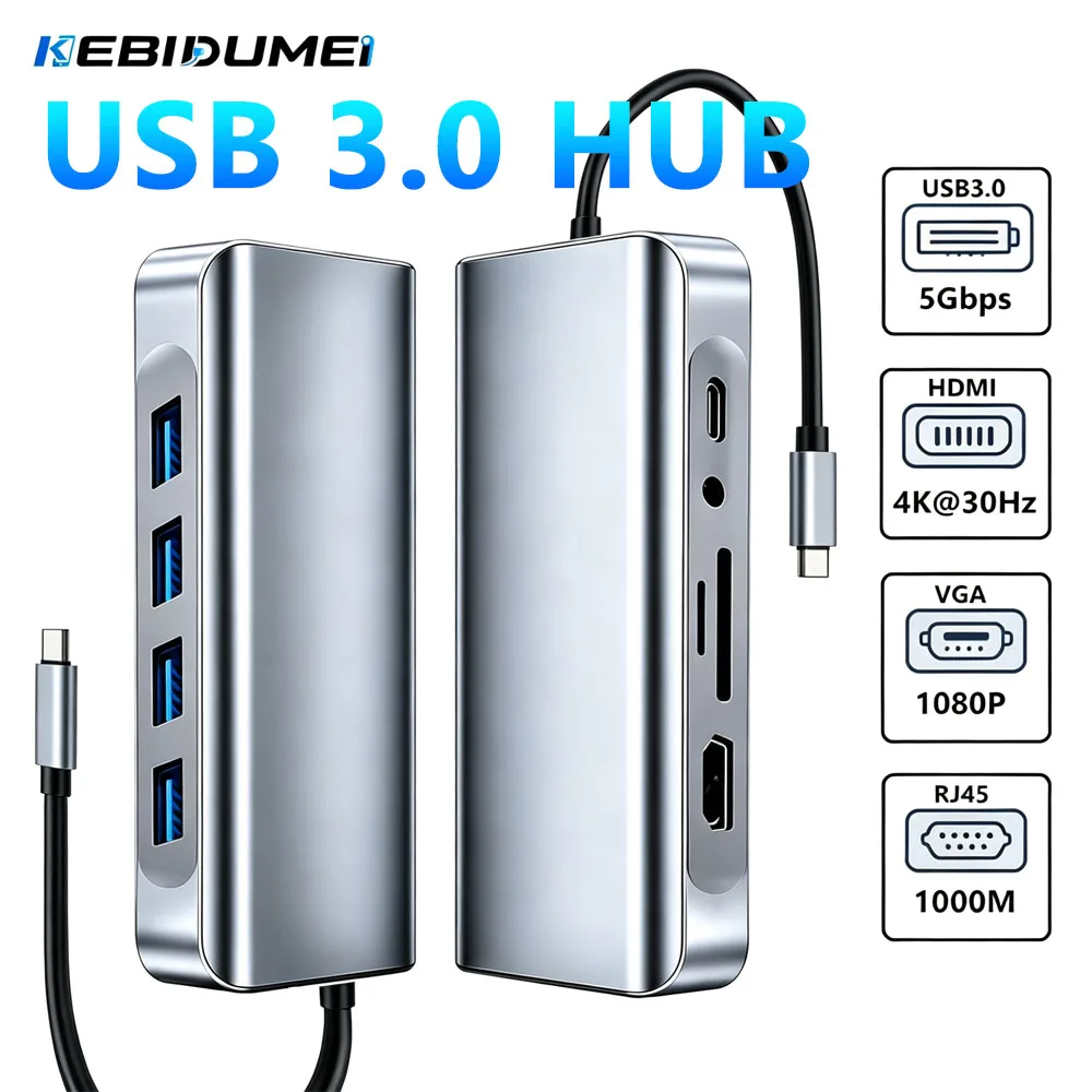 KEBIDUMEI 11 In 1 Docking Station USB 3.0 HUB Gigabit Network Adapter PD VGA HDMI AUX SD TF USB C Splitter Computer Accessories