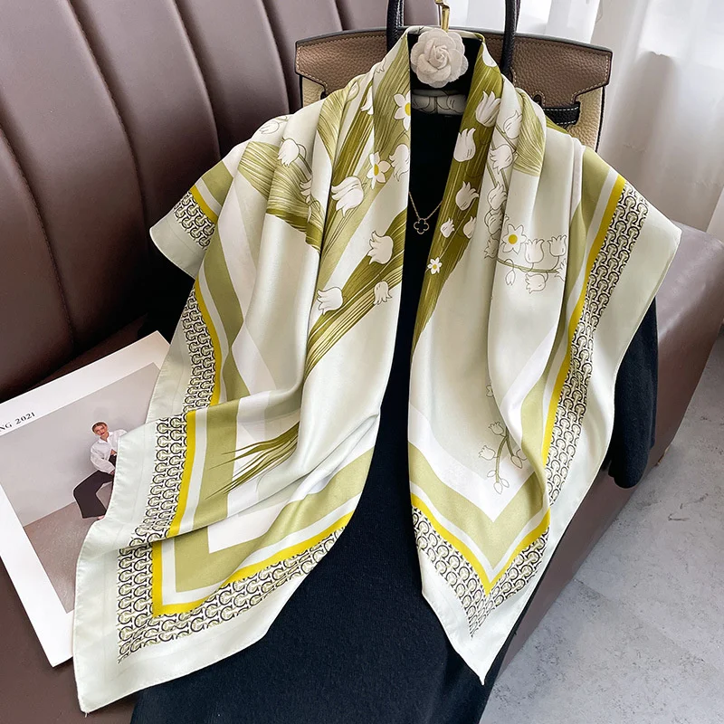 Women Luxury Print Scarf 90cm Square Twill Silk Hijab Bandana Female Neckerchief Foulard Shawl Wraps Echarpe Beach Stoles