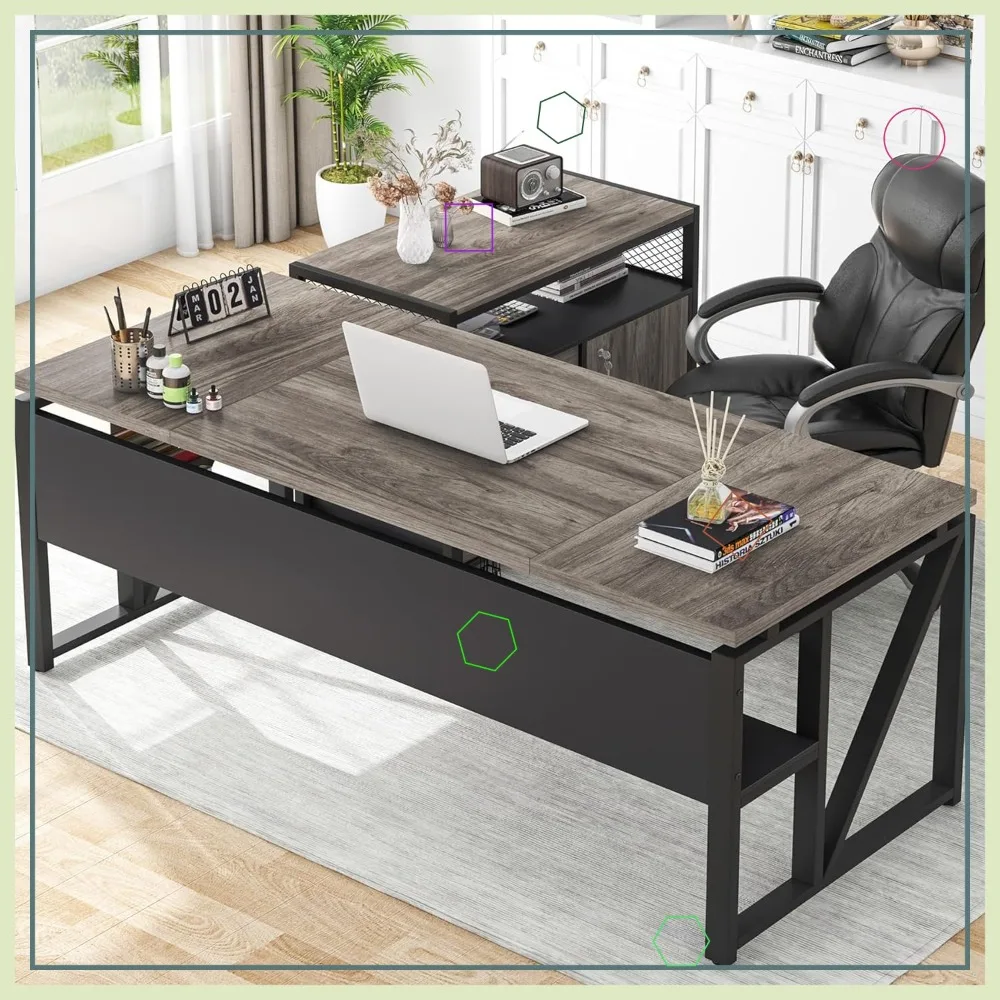 

63-дюймовый L-образный офисный стол с ящиками и запирающимся шкафом, серая компьютерная мебель для домашнего кабинета руководителя