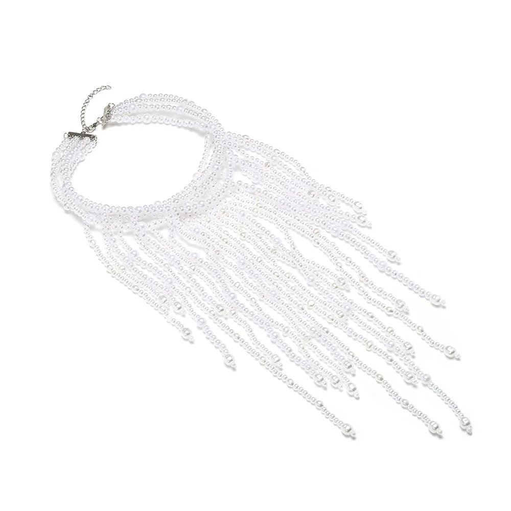 2024Multi-layer imitation pearl fringe necklace exaggerated beaded collarbone chain jewelry women