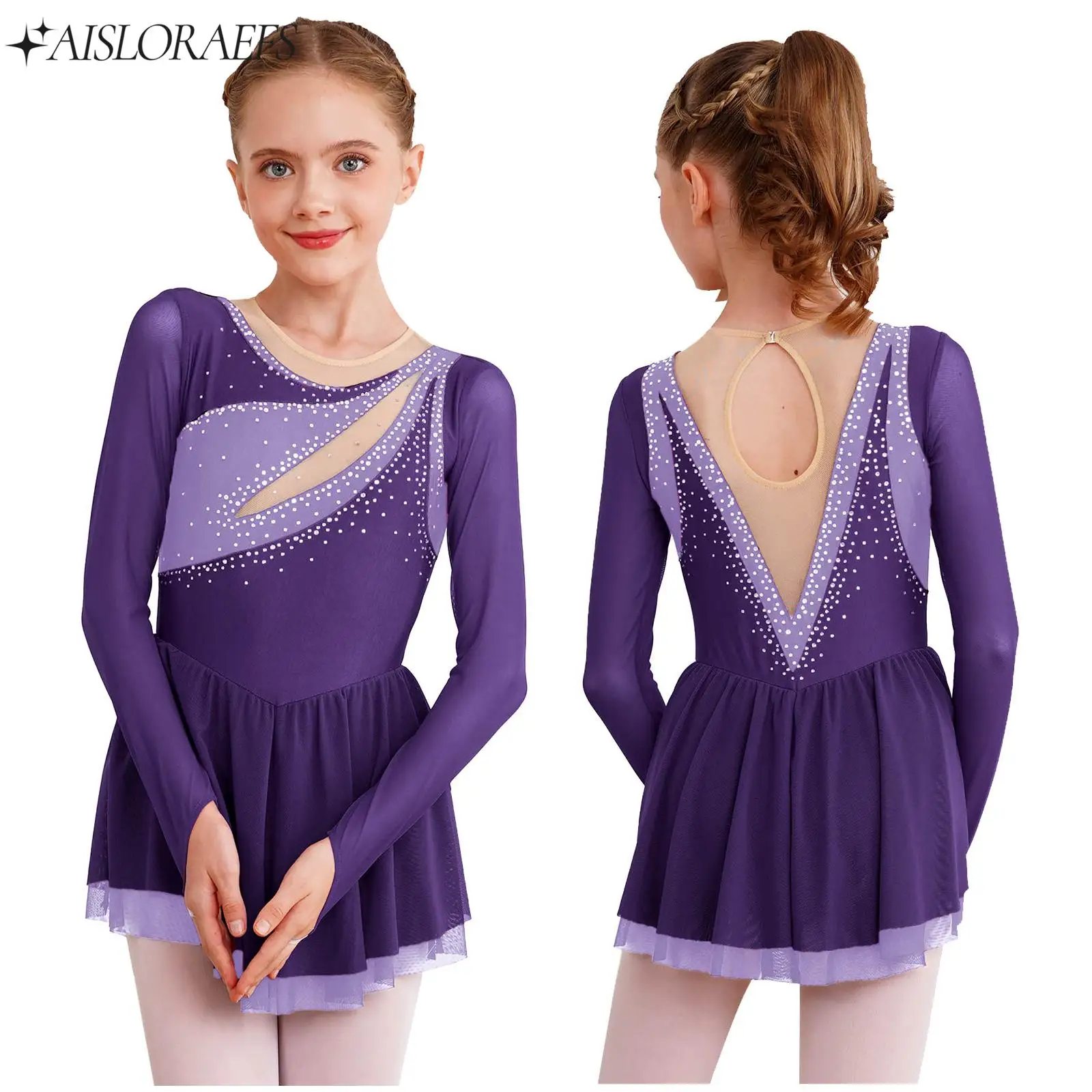 Kinderen Meisjes Ballet Lyrische Dans Jurken Glittery Patchwork Strass Sheer Mesh Lange Mouw Keyhole Back Kunstschaatsjurken