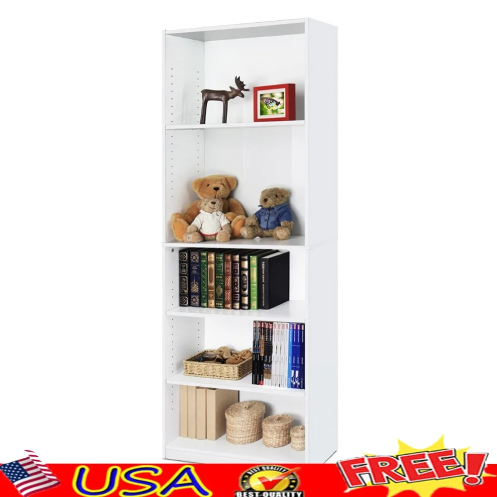 Adjustable 5-Shelf Bookcase Engineered Wood Simple Design Home Storage Space Saving Easy Assembly White Finish