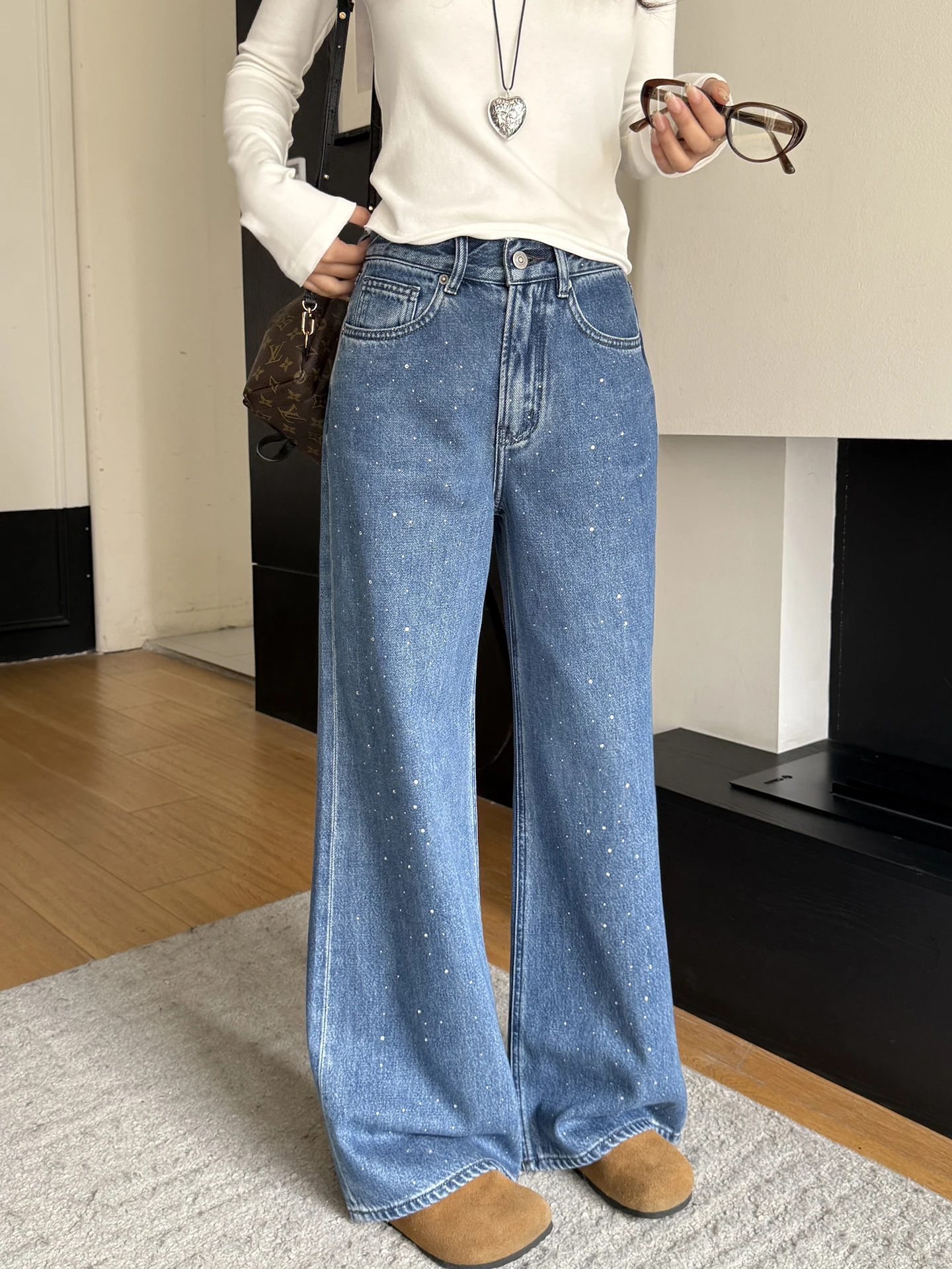 iny Star Boyfriend Sle Glittery Wide Leg Jeans Women's Loose Floor-Length Pants Spring Straight Cut Denim High Waist Cotton