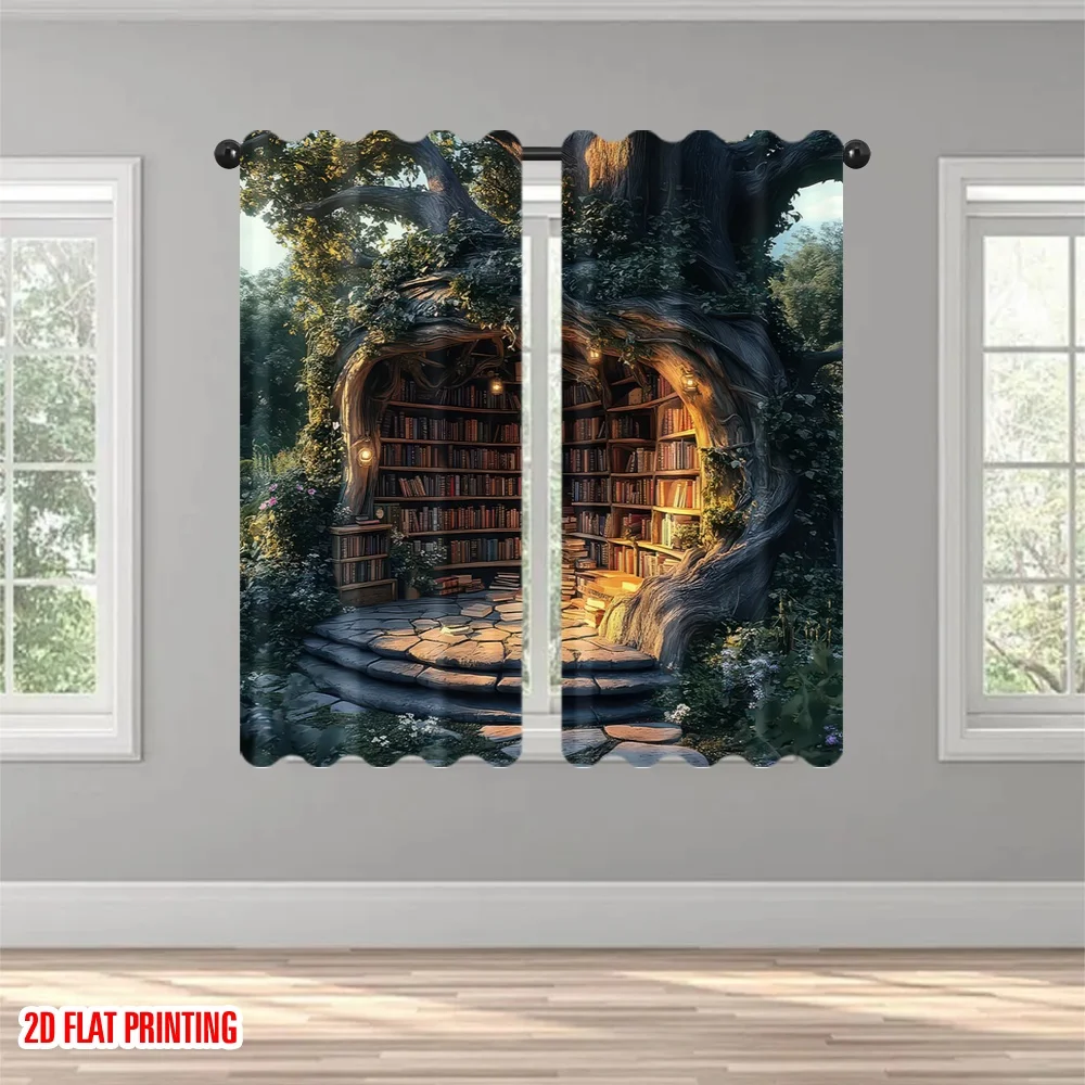2D flat printing 2pcs Curtain Tree Library Sanctuary Digital Printed Polyester Drapes Festive Holiday Perfect for Photo Booths &