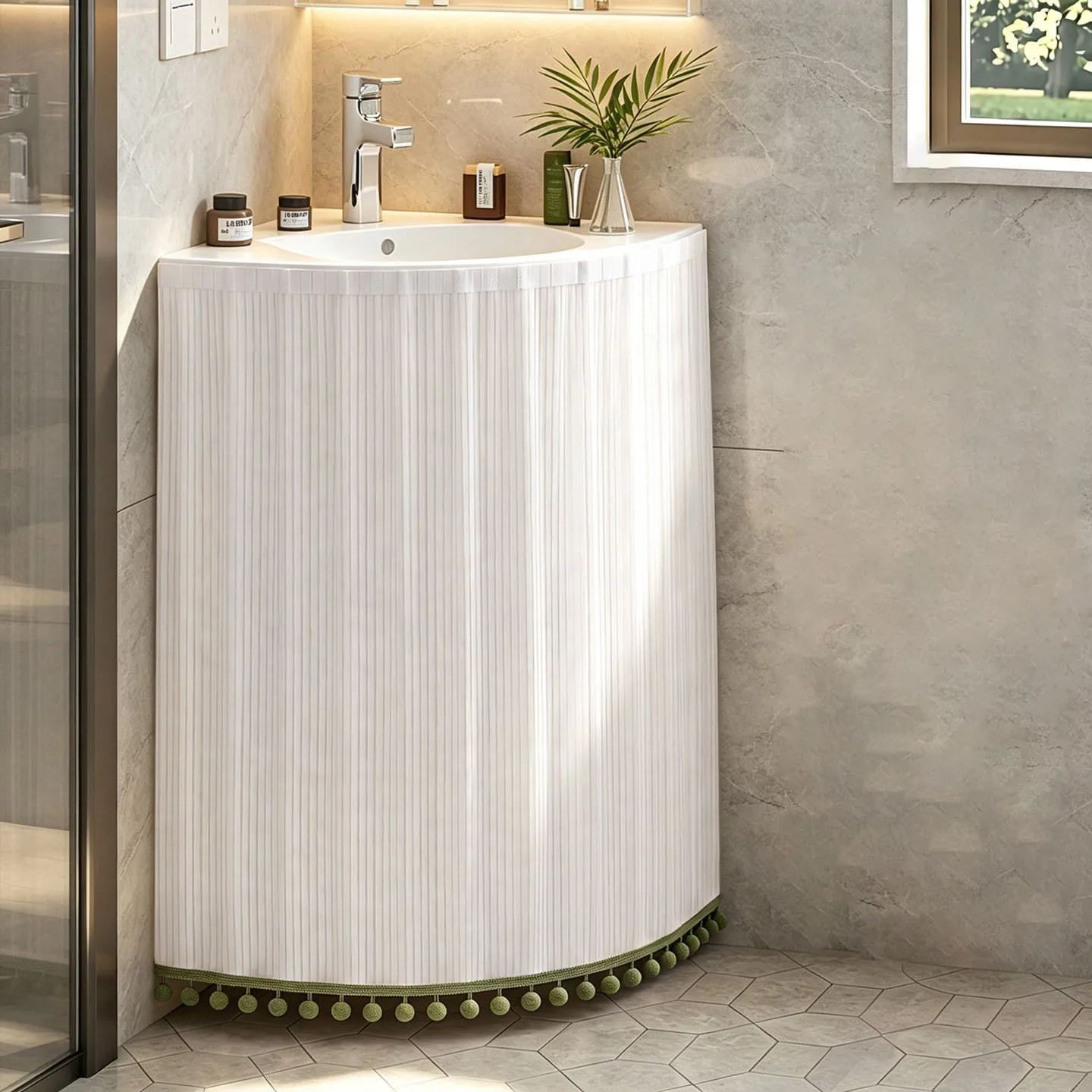 Fabric Sink Skirt, Self-Adhesive Waterproof Under Sink Curtain, Easy Install Decorative Vanity Skirt for Home Decor, Bathroom