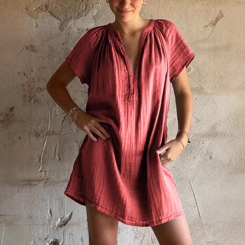 

Women'S Fashion Casual Slim Short Sleeve V-Neck Pleated Straight Dresses Ladies Loose Summer Vacation Dresses Elegant Dresses