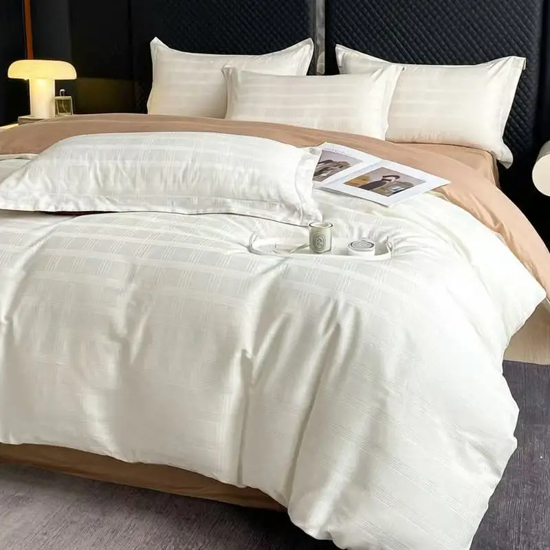 4Pcs 100% Cotton Bedding Set Queen Size White Satin Jacquard Grid Duvet Cover Set Pillowcase Couple Double Bed Flat Sheet