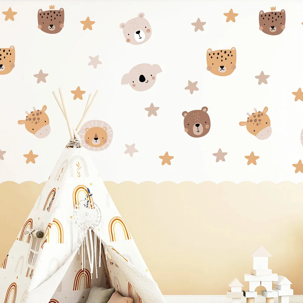 Cartoon Bear Giraffe Head Wall Sticker Baby Nursery Cute Animals Stars Pattern Wall Decal for Children Room Living Room Wall Art