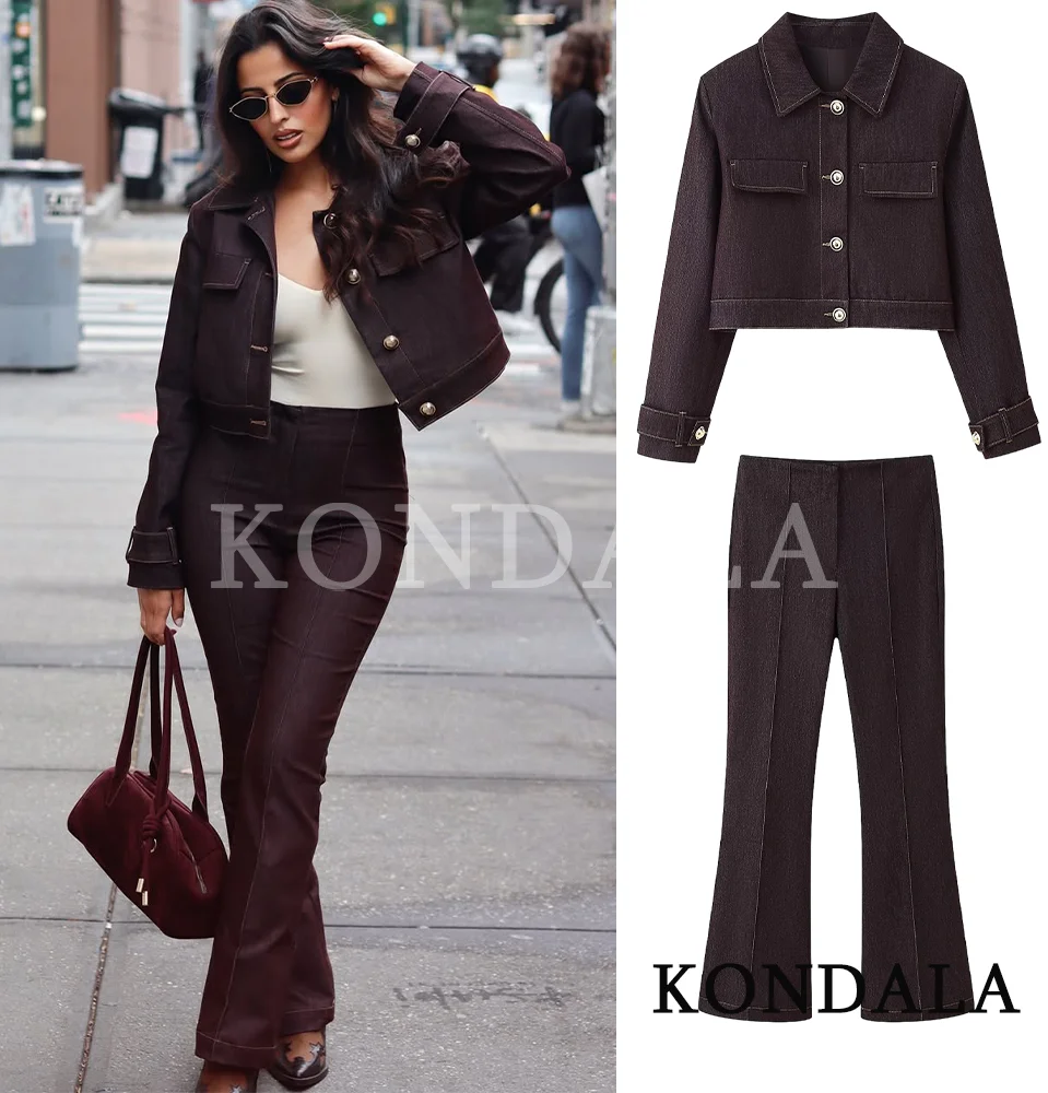 KONDALA Damen Vintage Trendy Hosen Set Linie Revers Knöpfe Jacke, Schlaghose 2026 Frühlingsmode High Street Pendelhose Set