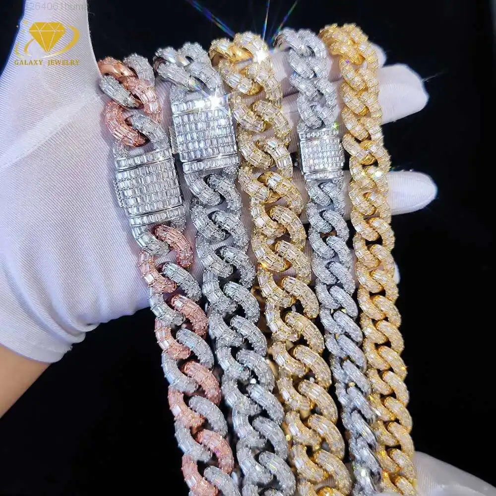 

Popular Iced Out Mossanite Cuban Chain for Men 6mm-20mm Width Baguette Cut Hiphop Jewelry 925 Solid Silver Miami Cuban Link