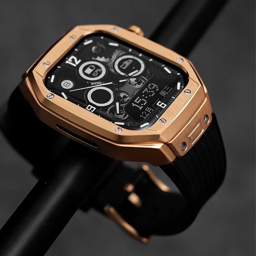 Popular multiple color and size stainless steel gold and black frame protective case with strap for apple watch series