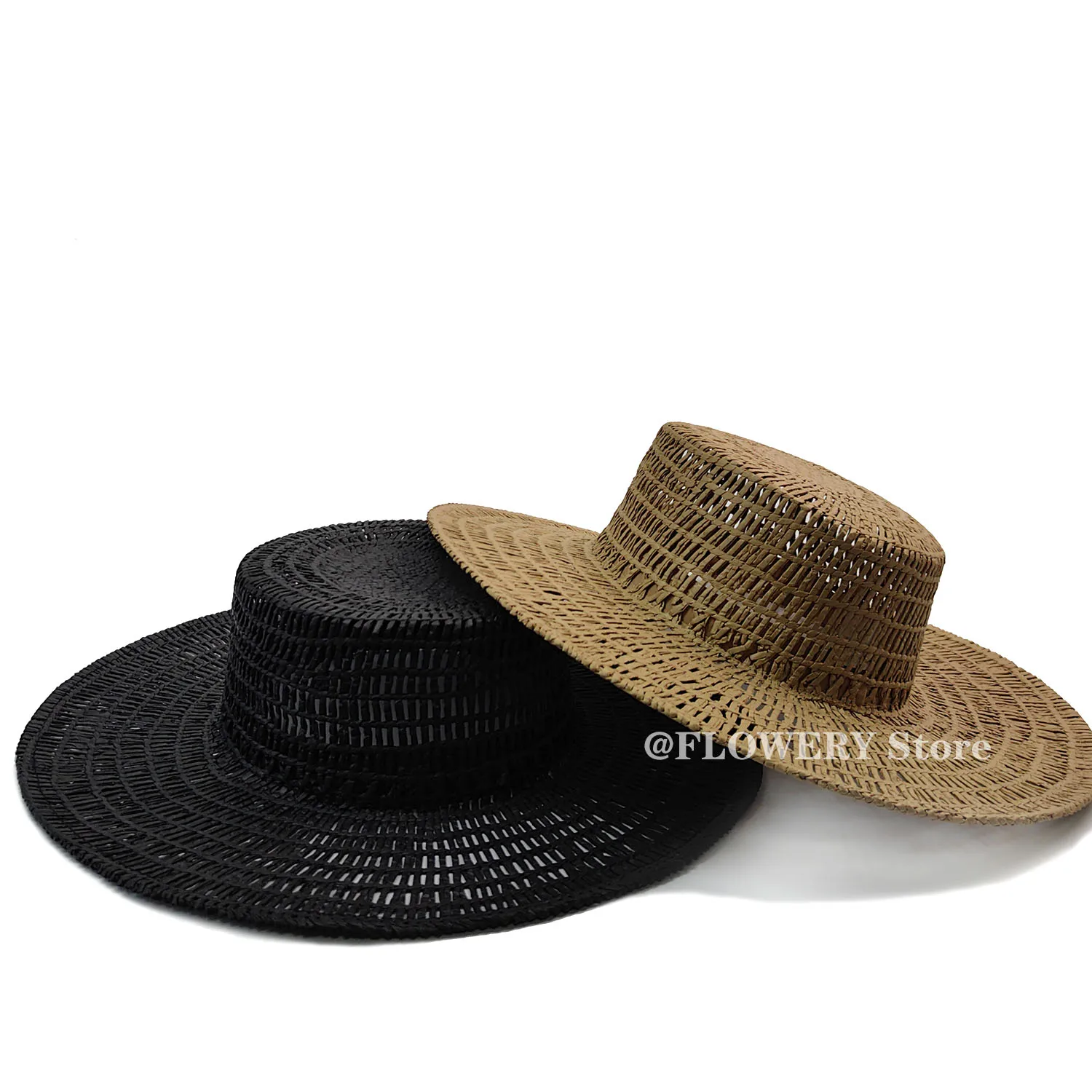 

Designer-style Hollow-out Flat-top Wide-brim Handcrafted Intricately Woven Straw Hat for Summer Beach Vacation Sun Protection