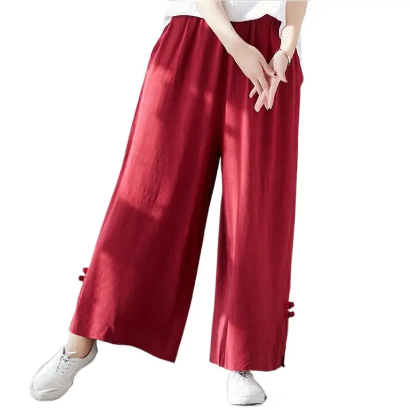 

2024 Women Cotton Linen Long Pants Summer Autumn Straight Pants Elastic Waist Button Solid Trousers Pantalones -
