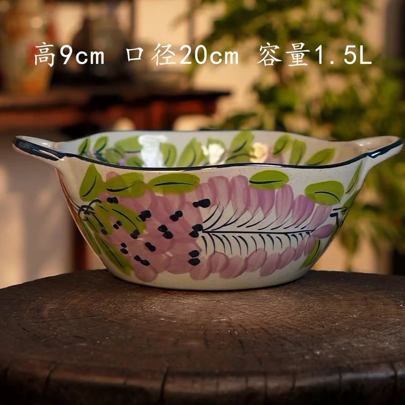 Wood-fired Quality Underglaze Color Master Interior&Exterior Hand-painted Wisteria Two Ears Big Soup Bowl/Fruit Basket