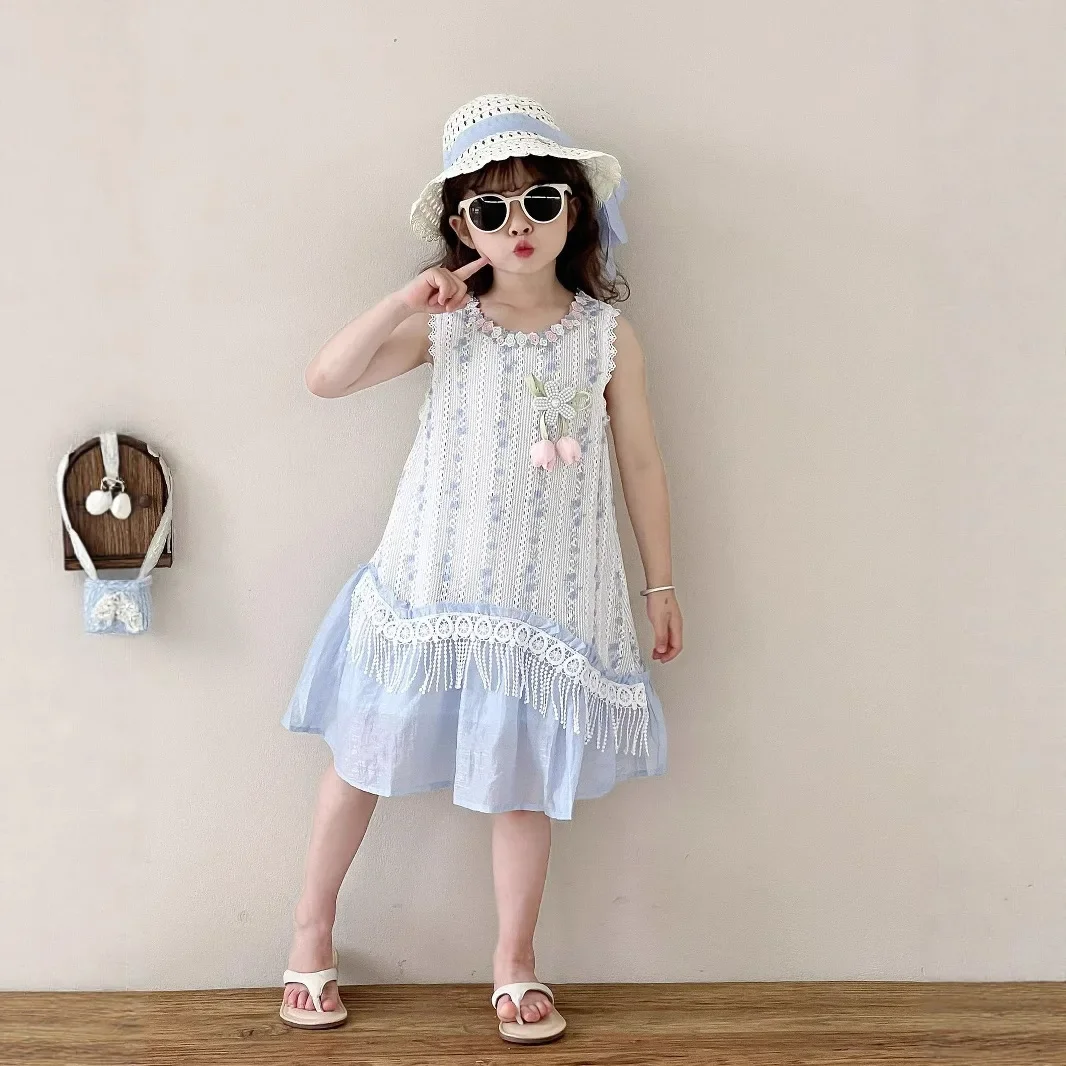 

Girls Skirt 2025 Summer New Childrens Clothing Korean Girl Baby Sweet Lace Holiday Wind Flower Dress Casual Simple Daily