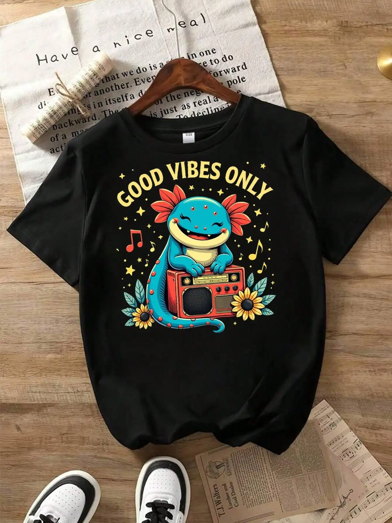 

Dinosaur Cotton T-Shirt, Black Tee With Dinosaur And Radio, Good Vibes Only Summer Tops