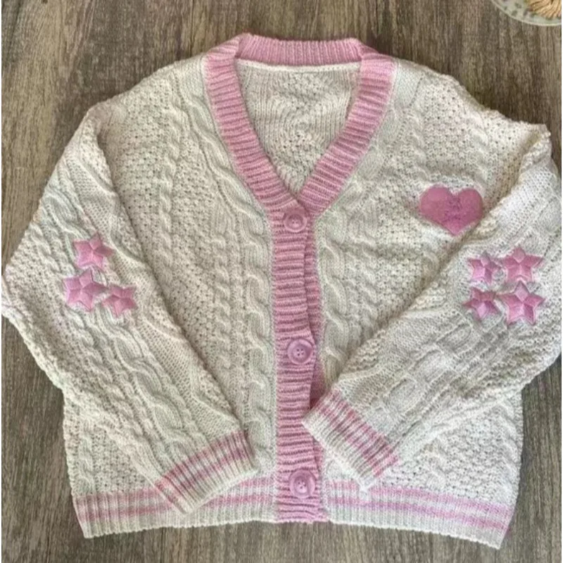 Trendy Women's Clothing Knitted Cardigan Embroidery Sweater Coat Lazy Streetwear Comfortable Single Row Buttons Patchwork Tops