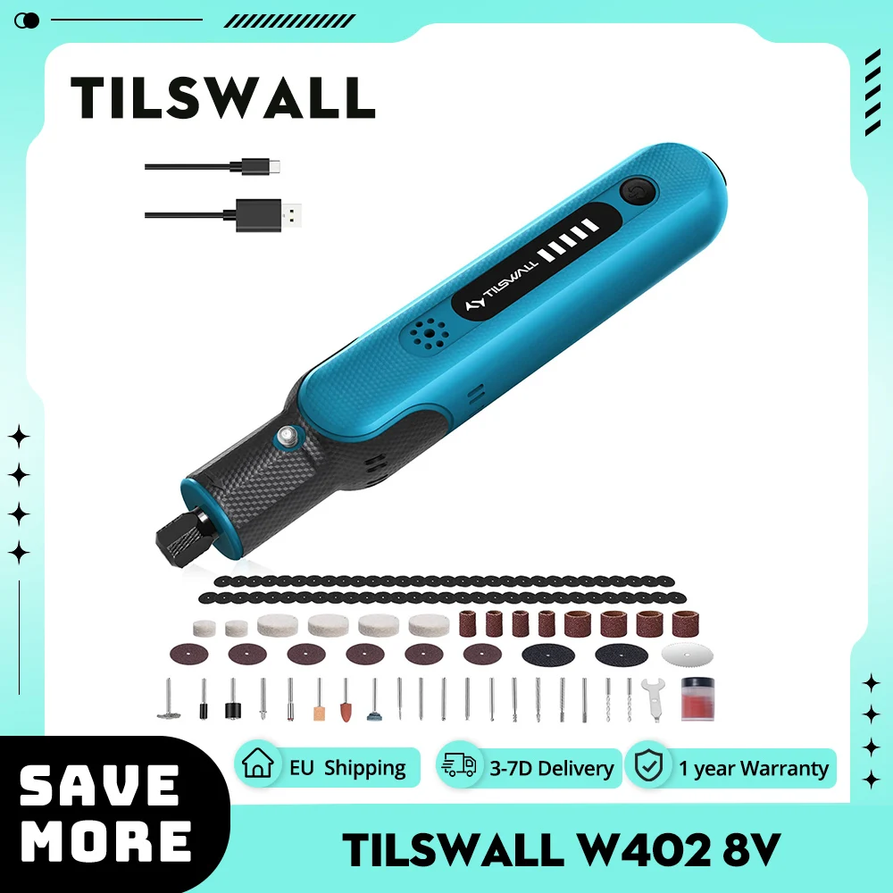 Tilswall W402 8V Cordless Rotary Tool Kit with 105Pcs Accessories Adjustable 5-Speed Setting 25000 rpm Maximum Rotational Speed