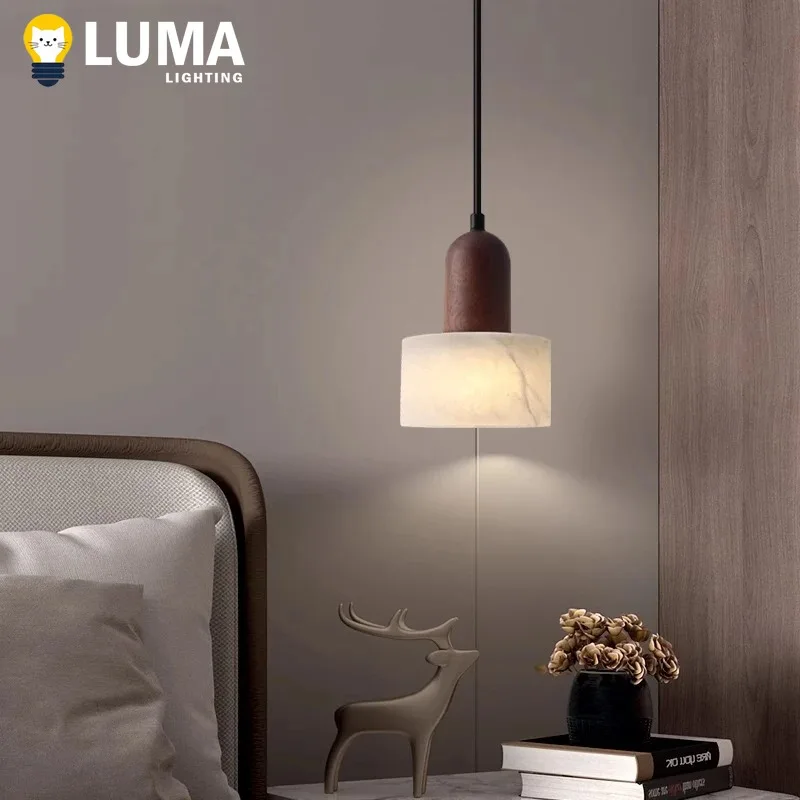 

Japanese Style Vintage LED Pendant Light Luxury White Jade Marble Stone Hanging Lighting for Bedroom Bedside, Kitchen Island