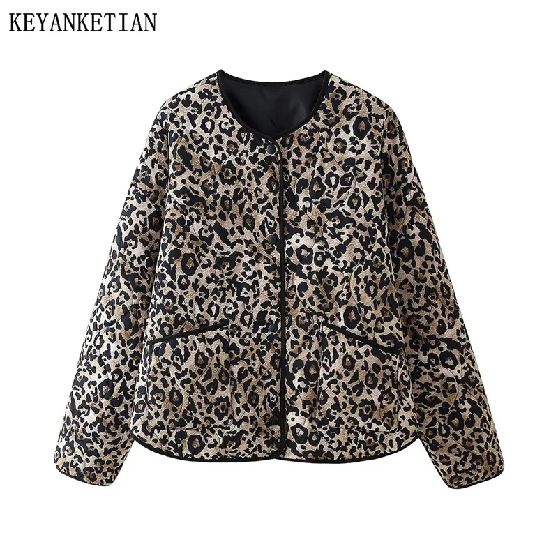 

KEYANKETIAN 2024 New Women's Leopard Print Quilted Coat Autumn/Winter Retro style Single Breasted Oversize Outerwear Blazer Top