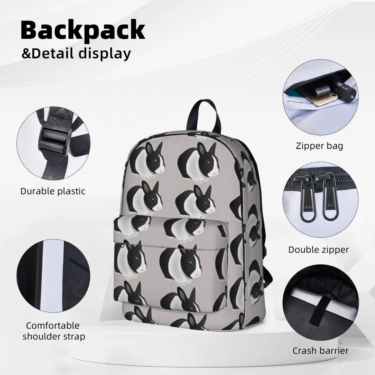 Dutch Black And White Rabbit Backpacks Large Capacity Student Book bag Shoulder Bag Laptop Rucksack Fashion Children School Bag